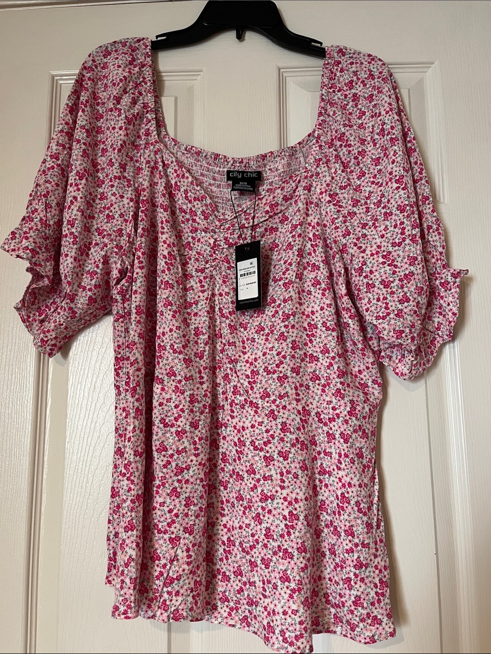 City Chic Pink and White Floral Scoop Neck Blouse